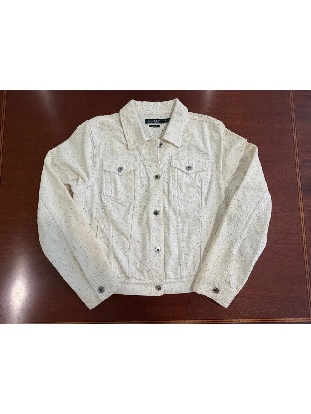 Lauren Ralph Lauren Denim Jacket Women XL White Eyelet Embroidered Trucker